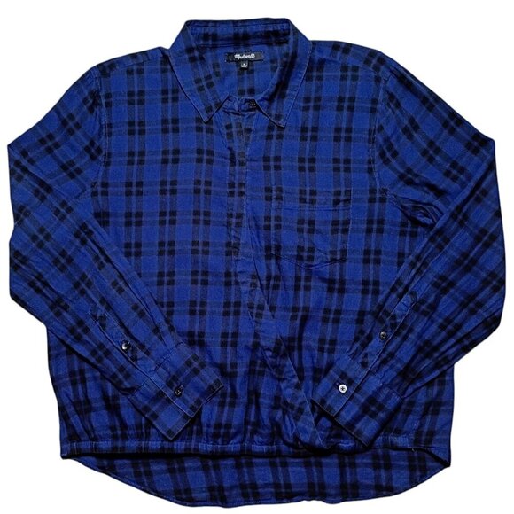 Madewell Blue Black Plaid Wrap Long Sleeve Button Shirt Top Women Medium - Picture 1 of 10